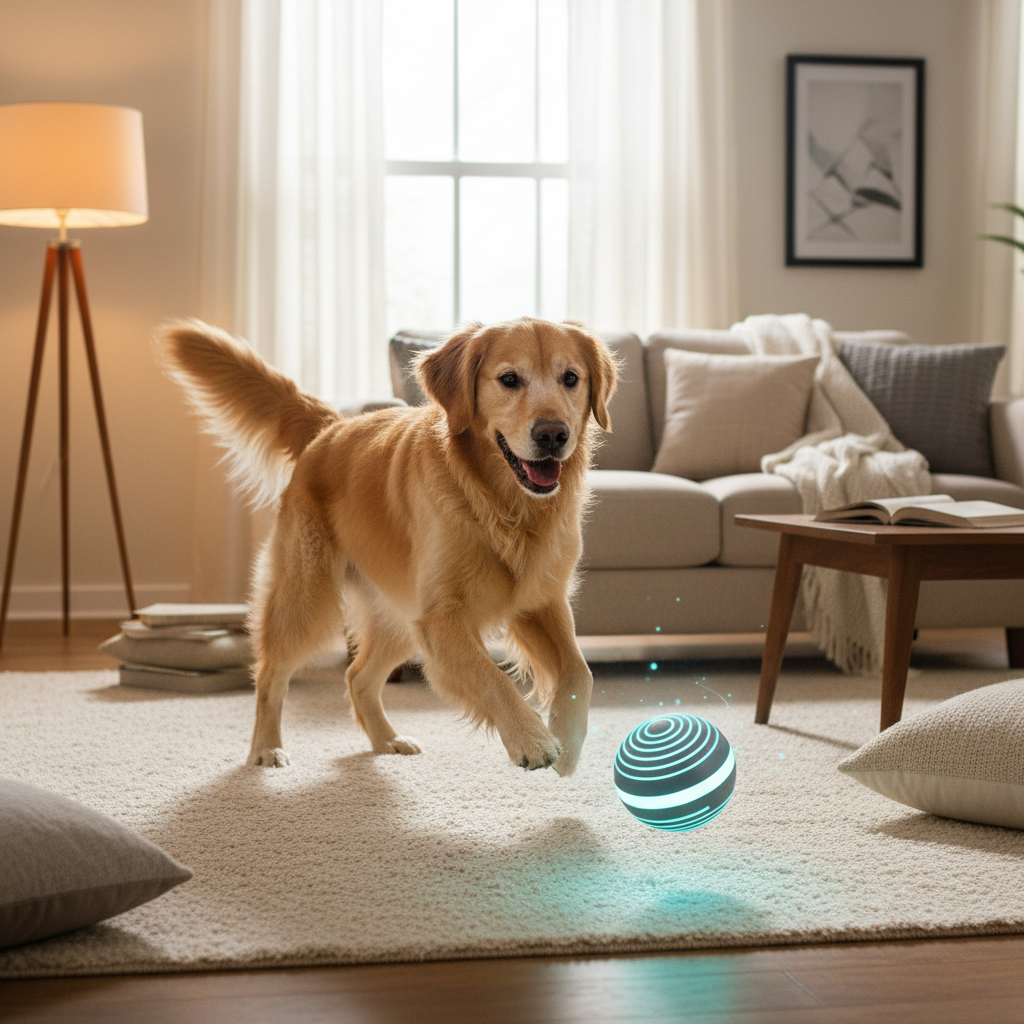 Happy golden retriever playing with interactive smart toy ball on living room floor
