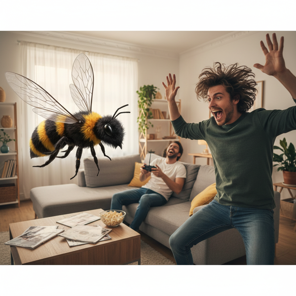 Person jumping in surprise as remote control realistic bee flies toward them, someone laughing with remote