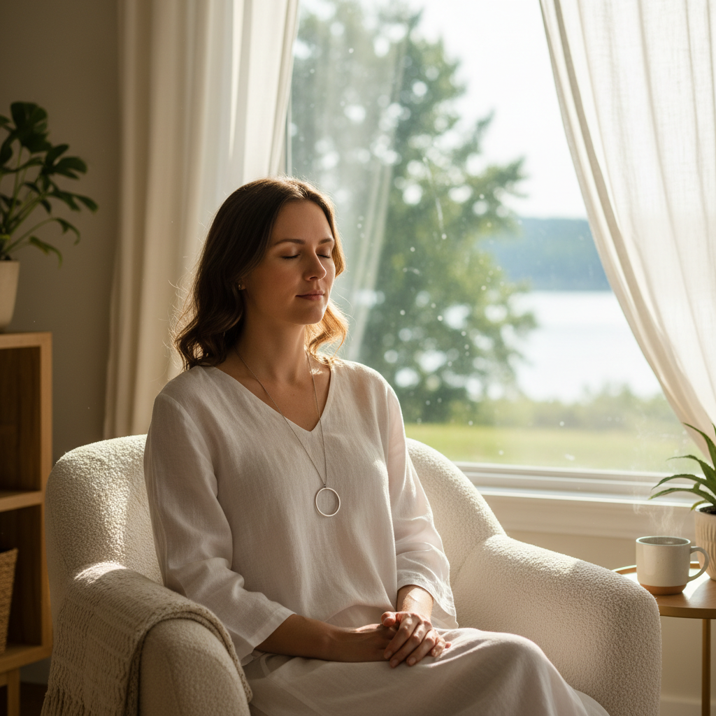 Calm woman wearing breathing necklace by window in soft morning light