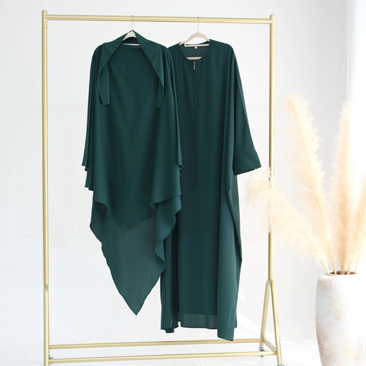 Muslim Women Ruffles Hijab Dress 2PCS Overhead Abaya Khimar Kaftan Ramadan Prayer Garment Eid Djellaba Scarf Burqa Jalabiya Robe