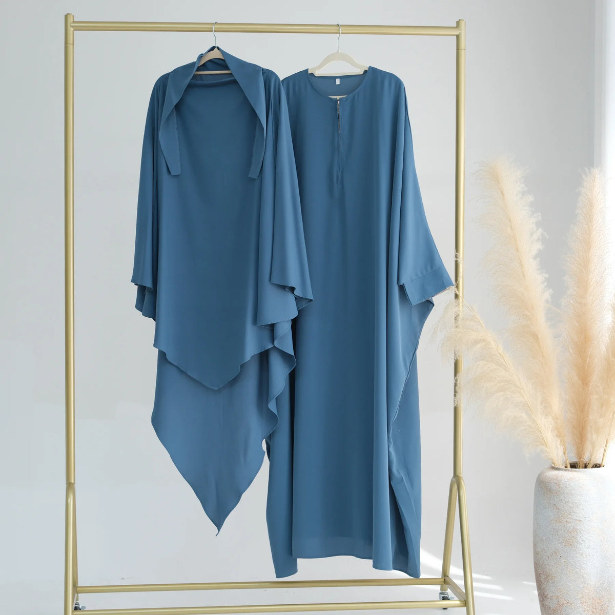 Muslim Women Ruffles Hijab Dress 2PCS Overhead Abaya Khimar Kaftan Ramadan Prayer Garment Eid Djellaba Scarf Burqa Jalabiya Robe