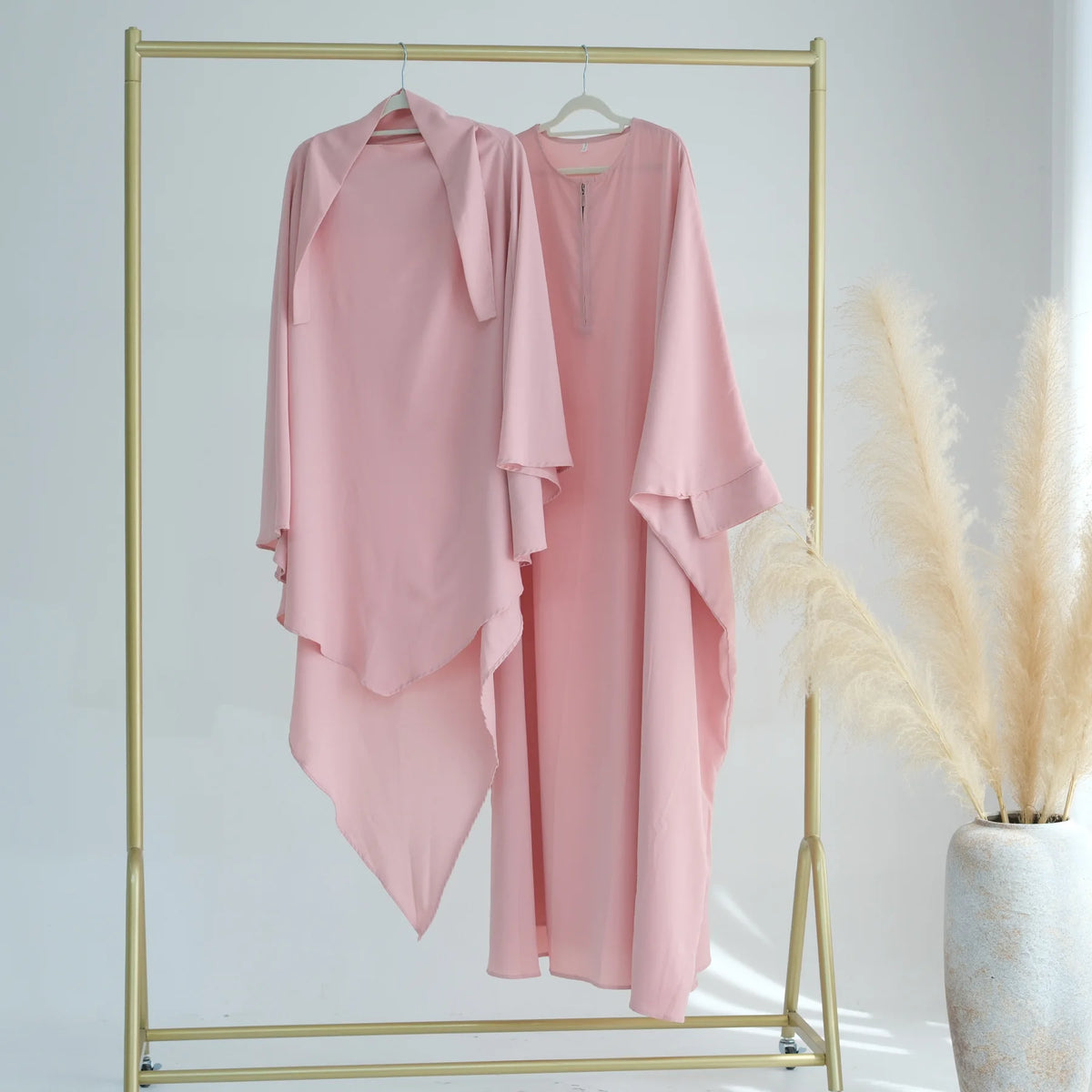 Muslim Women Ruffles Hijab Dress 2PCS Overhead Abaya Khimar Kaftan Ramadan Prayer Garment Eid Djellaba Scarf Burqa Jalabiya Robe