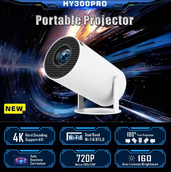 HY300 Pro Portable Projector – 4K Support, WiFi 6, 180° Home Theater