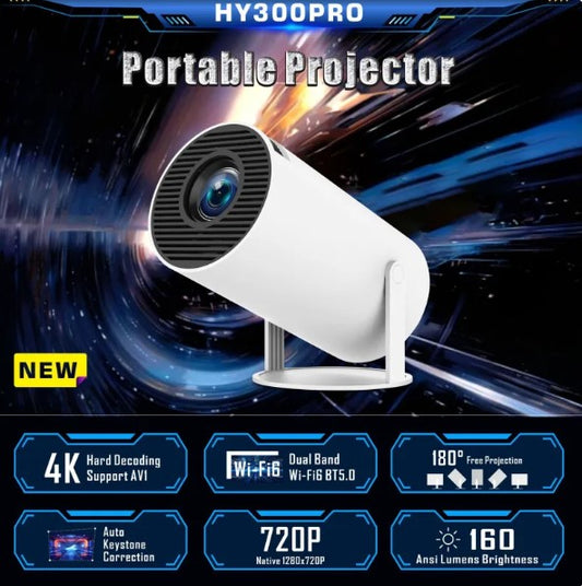 HY300 Pro Portable Projector – 4K Support, WiFi 6, 180° Home Theater