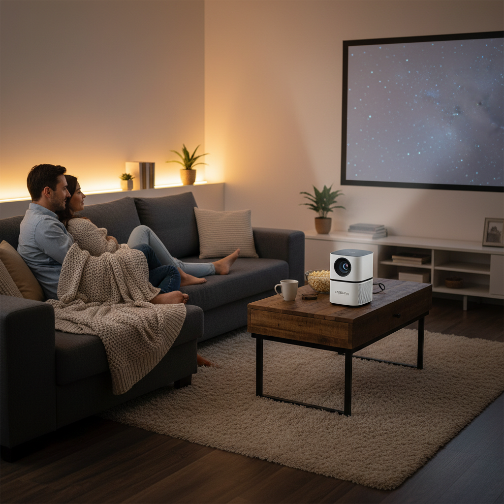 Couple watching a movie projected on living room wall with HY300 Pro Projector