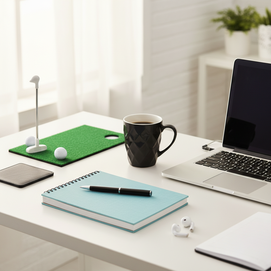 DeskGolf Pro Pen Set on a stylish office desk flat lay with coffee and notebook